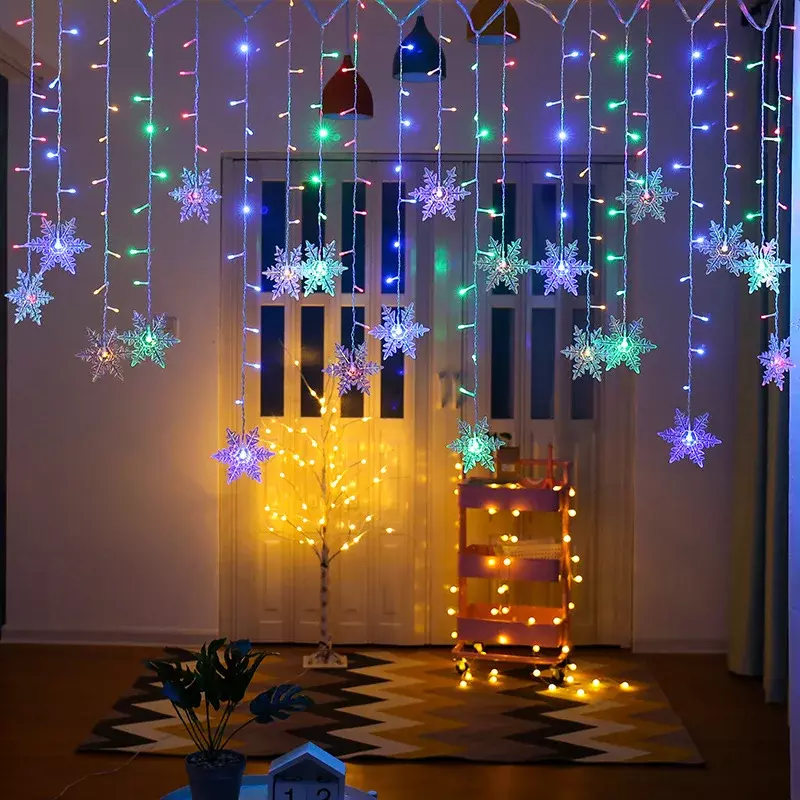 LEDフェアリーストリングクリスマスライト、スノーフレークカーテン、防水ガーランド、ホリデーパーティー、クリスマスデコレーション、3.5m、2024