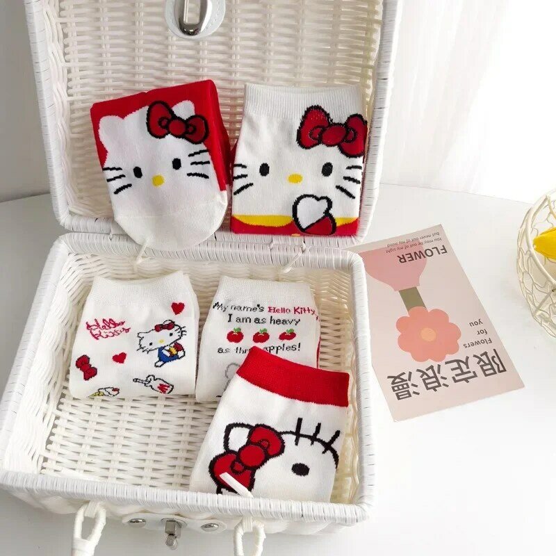 Calcetines cortos de dibujos animados para mujer y adulto, medias de algodón con estampado de HelloKitty rojo y blanco, 1 par