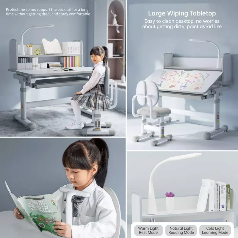Juego de escritorio y silla para niños, mesa de estudio con inclinación, escritorio de escritura funcional escolar con cajones, altura ajustable