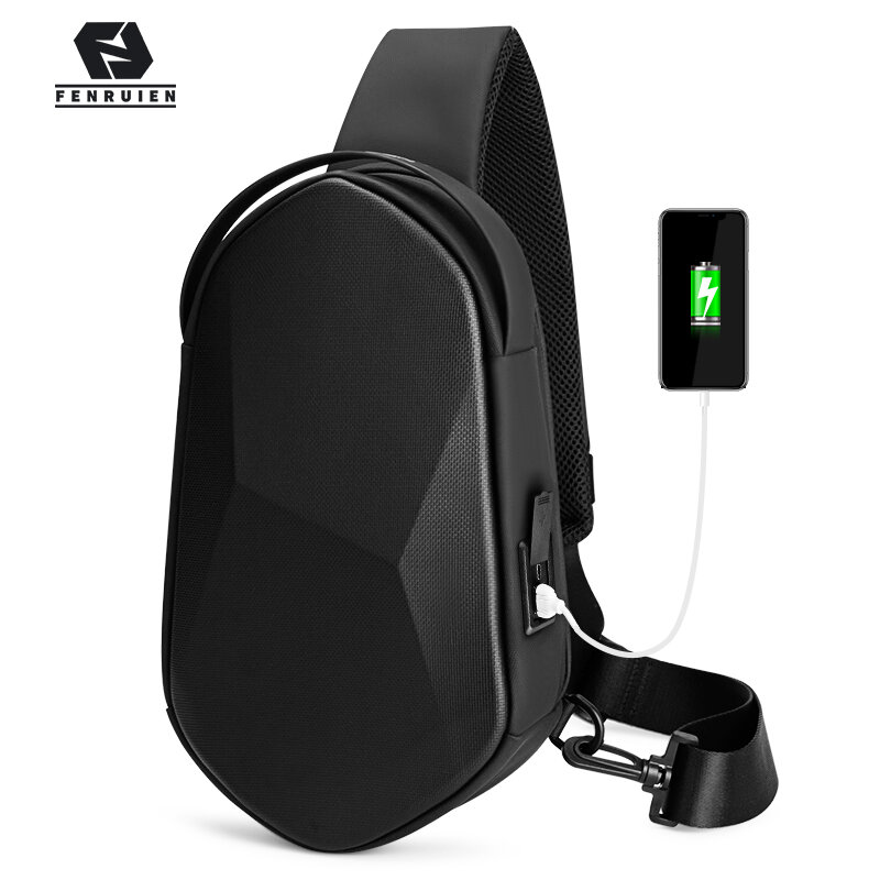 Fenruien-Bolso de hombro negro con carga USB para hombre, bandolera de viaje informal, resistente al agua, apto para iPad de 7,9 pulgadas