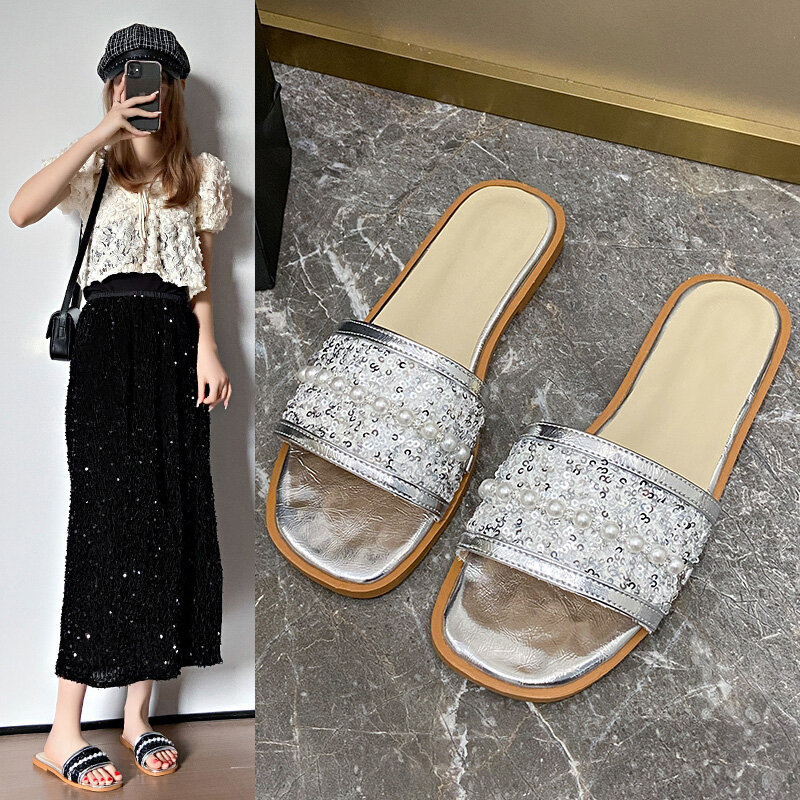 Sandalias de suela plana con lentejuelas para mujer, chanclas de gran tamaño con suela suave, zapatos de verano, 2024