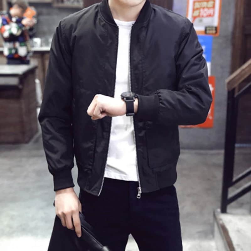 Giacca da uomo Casual nera sottile Slim Fit colletto alla coreana a maniche lunghe girocollo con cerniera cappotto Top Solid Business Fashion Men Jacket