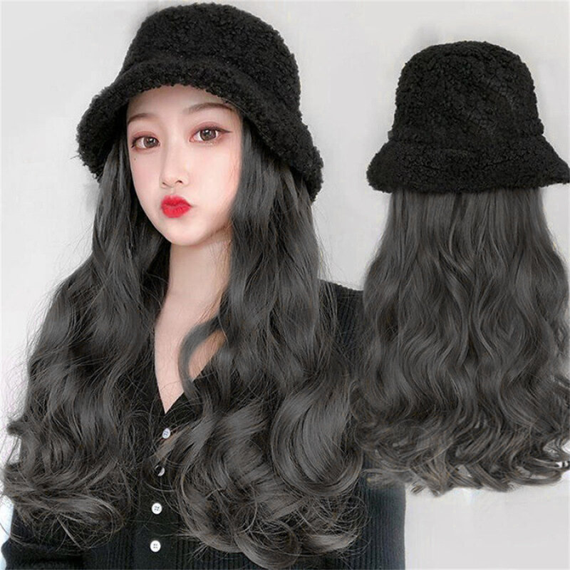 Topi wig sintetis baru, Set kepala penuh wanita alami, topi nelayan wol domba rol gelombang baru musim gugur dan musim dingin