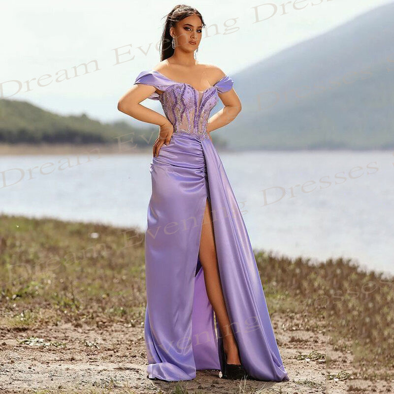 Piękne eleganckie fioletowe damskie suknie wieczorowe o kroju syreny z odkrytymi ramionami zroszony suknie na bal maturalny rozcięcie z boku Vestido De Noche