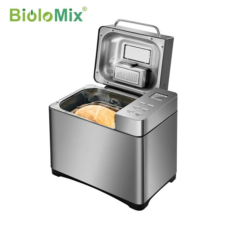 Biolomix-máquina automática de pan de acero inoxidable, 1KG, 19 en 1, 650W, programable, con 3 tamaños de pan, dispensador de frutas y nueces