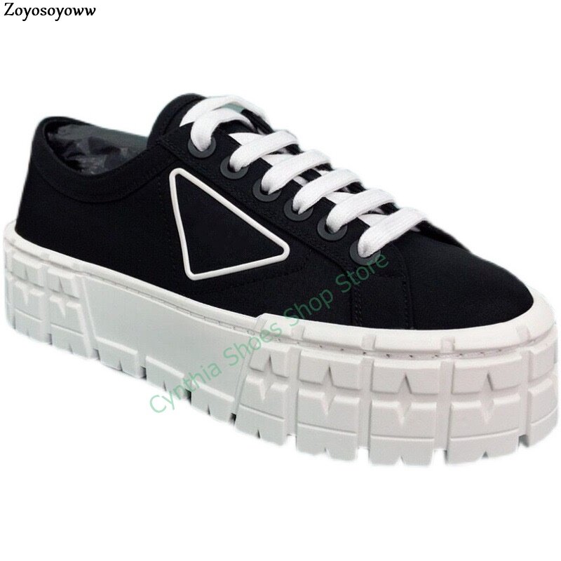 Comfortable Flat Heel Women Thick-Soled Shoes Lace Up Triangle Design Female Causal Canvas Shoes White Black Blue Women's Shoes