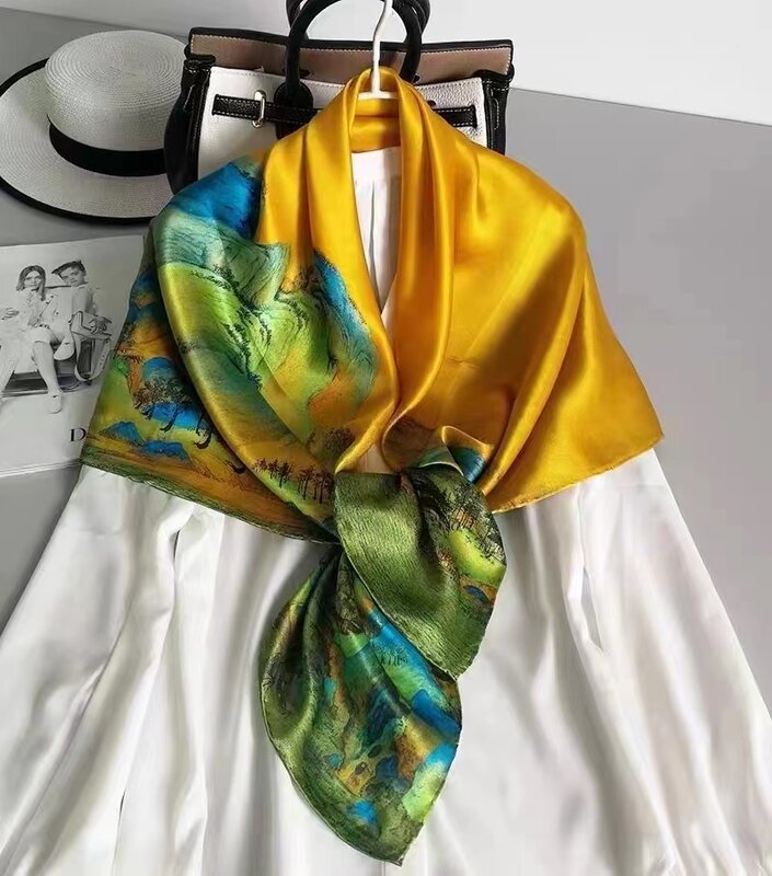 Bysifa-女性のための黄色の緑のスカーフ,ファッショナブルな女性のスカーフ,エレガントなサテンのスクエアスカーフ,秋冬ブランド