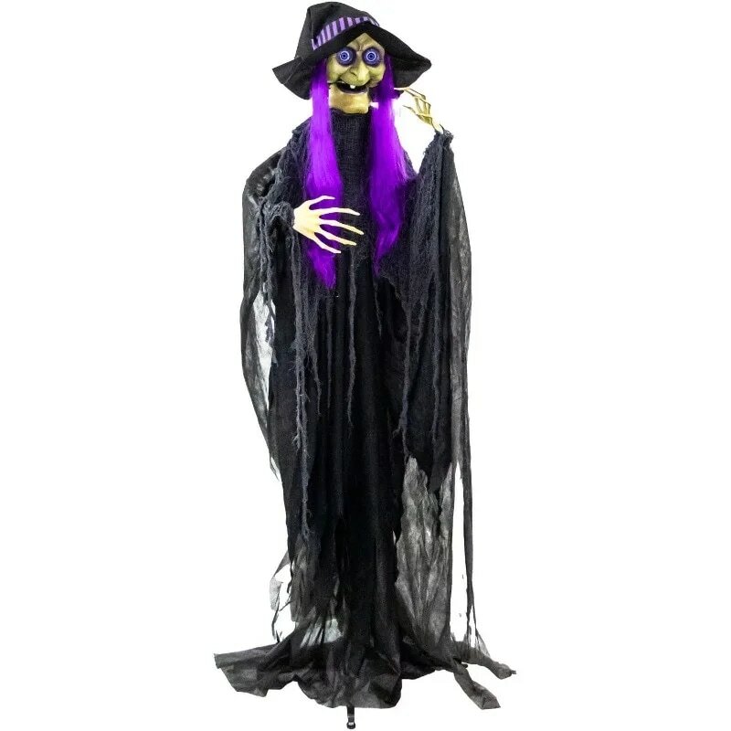 Haunted Hill Farm 6-Ft. Belladonna the Purple-Haired Witch with Animated Eyes | Indoor or Covered Outdoor Halloween Decoration