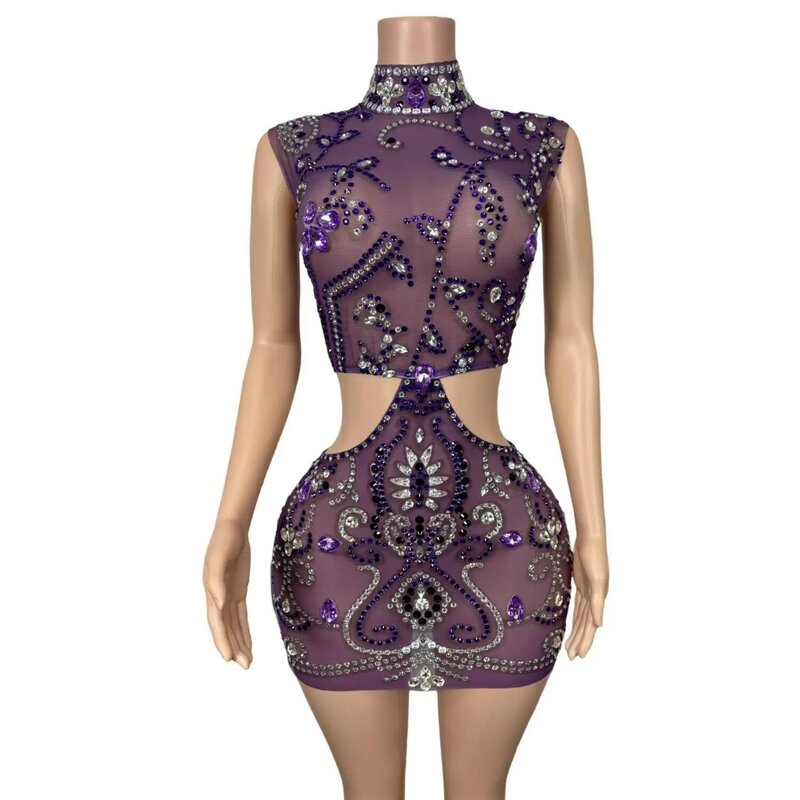 Sexy Cut-Out See Through Short Prom Dresses Sleeveless Luxury Crystals Purple African Women Cocktail Gown for Party Ziteng