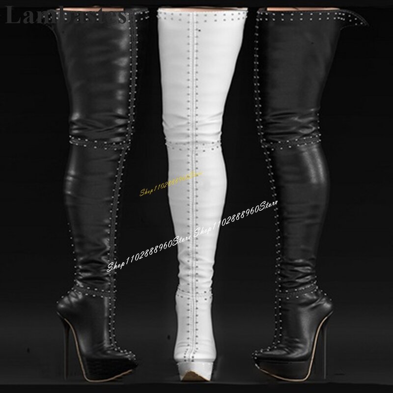 Thigh High Black Rivet Decoration Platform Boots Thin High Heel Shoes For Women Pointed Toe 2024 Fashion Zapatos Para Mujere