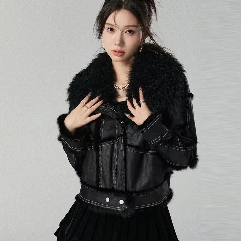 2023 Autumn Winter Fur Coat natural Rabbit Short Women's Rabbit Fur Lining Sheepskin Neck Fashionable Warmth Overcoat