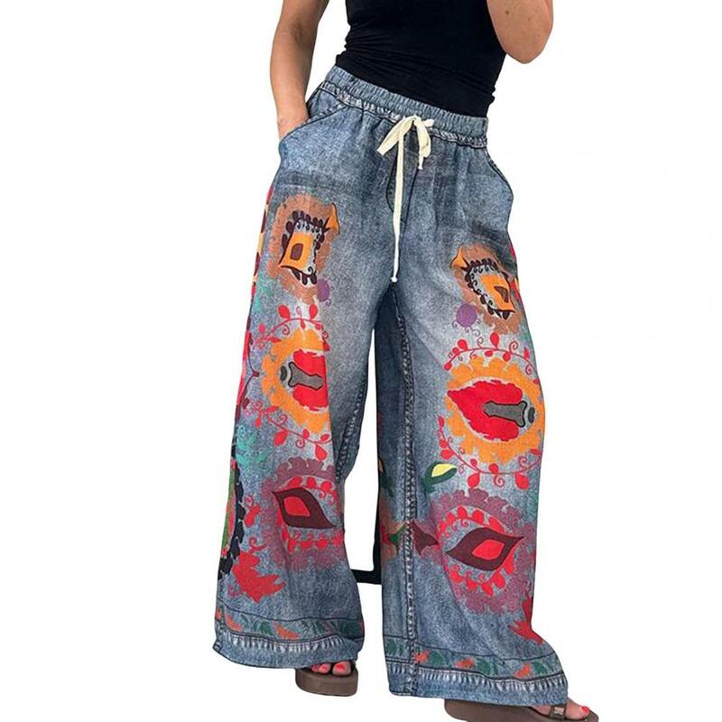 Calças de cintura elástica feminina com bolsos, jeans de imitação, calças de perna larga, estampados coloridos, design exagerado