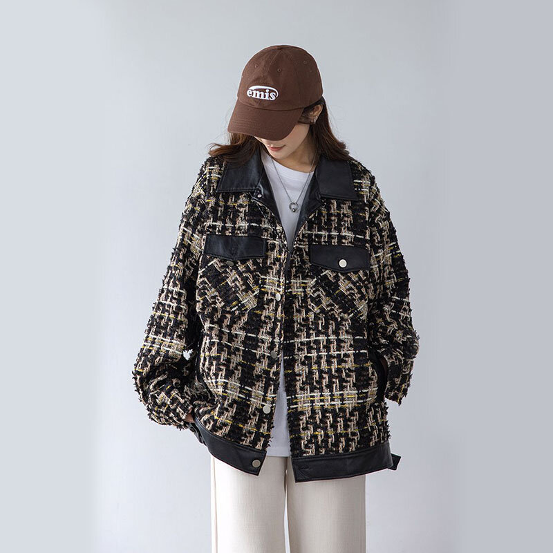 Herbst Winter weben Frauen Jacke Vintage lose Wolle Hahnen tritt Mantel koreanische Streetwear Pu gespleißt Revers All-Match-Jacken