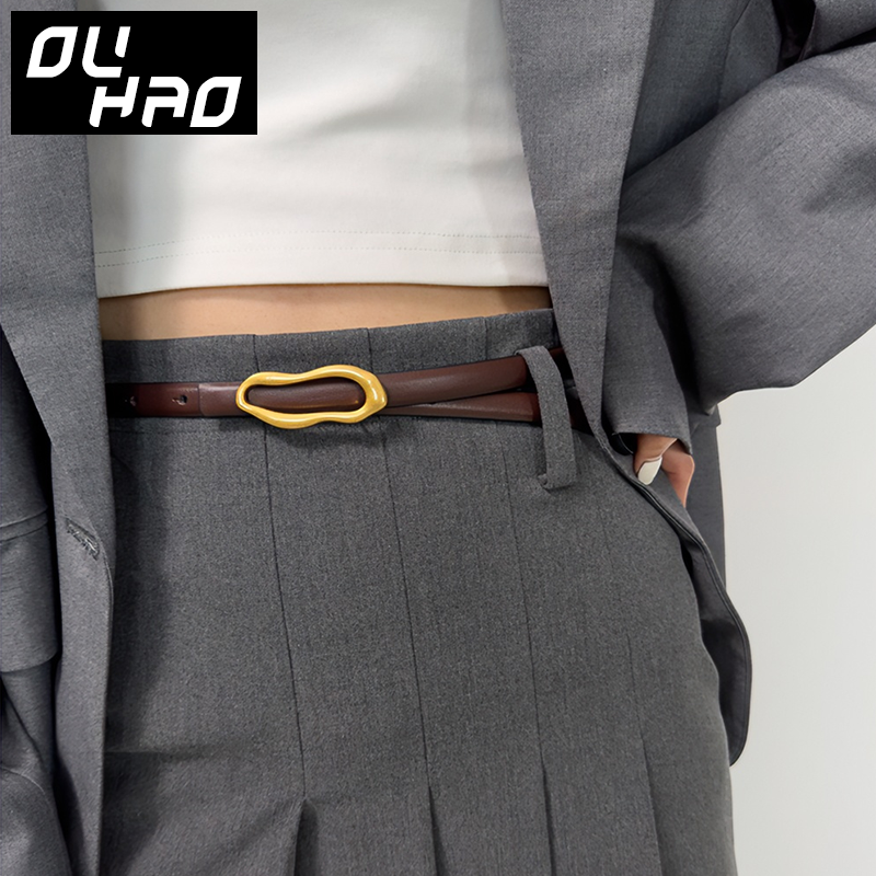 Cinturón de cuero de vaca de primera capa para mujer, cinturón Delgado, hebilla de carro irregular geométrica, adecuado para mujer, ajuste de pantalón