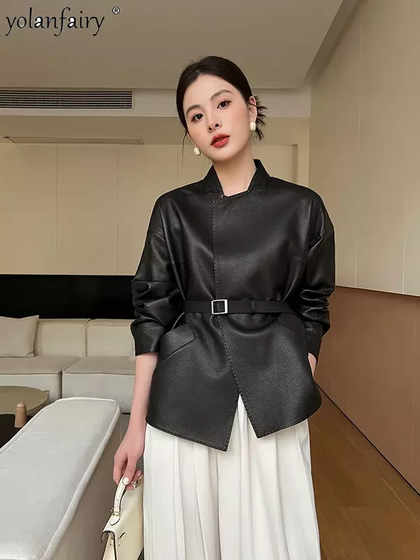 Real Sheepskin Coat for Women Spring Autumn 2023 New High Quality Black Genuine Leather Jacket with Sashes Кожанка Женская FCY