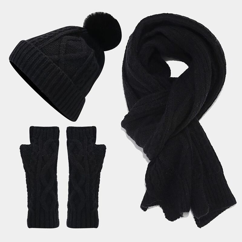Conjunto de gorro de punto elástico para mujer, conjunto de guantes y bufanda, de Color sólido, cálido, invierno