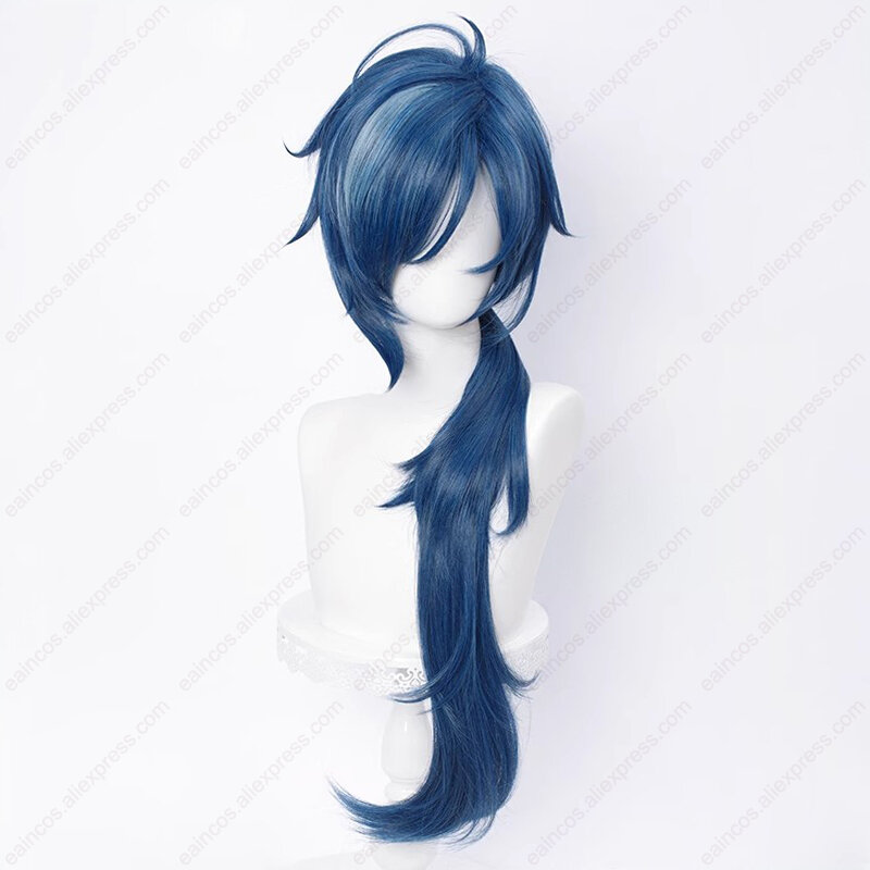 Kaeya Cosplay Wig 80cm Long Ink-Blue Wigs Heat Resistant Synthetic Hair Halloween Party Wigs