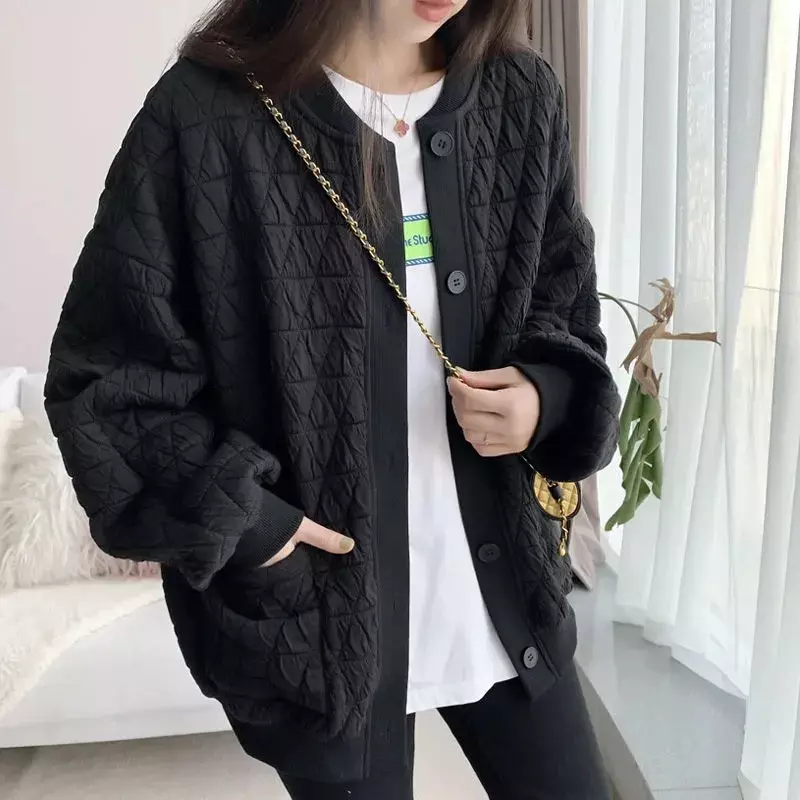 GIDYQ Vintage Argyle Baseball Jacket Women Korean Loose All Match Long Sleeve Outerwear Y2K Streetwear Solid Lazy Wind Coat New