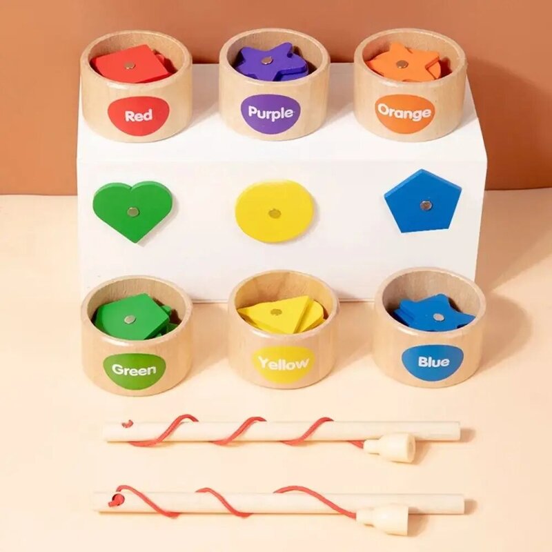 Mainan edukasi anak, mainan edukasi edukasi dini lucu, permainan memancing kognisi geometris cangkir klasifikasi warna magnetik kayu untuk anak-anak