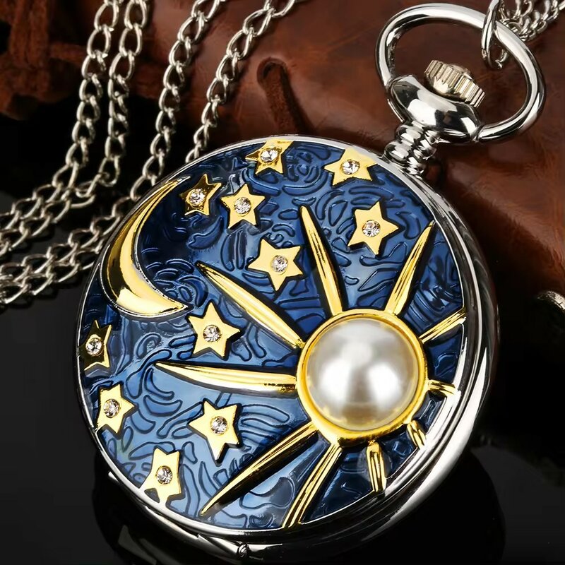 Montre à quartz incrustée de perles vintage, horloge pendentif, étoile, lune, soleil, cadeau d'anniversaire, collier, montre de poche, chaîne