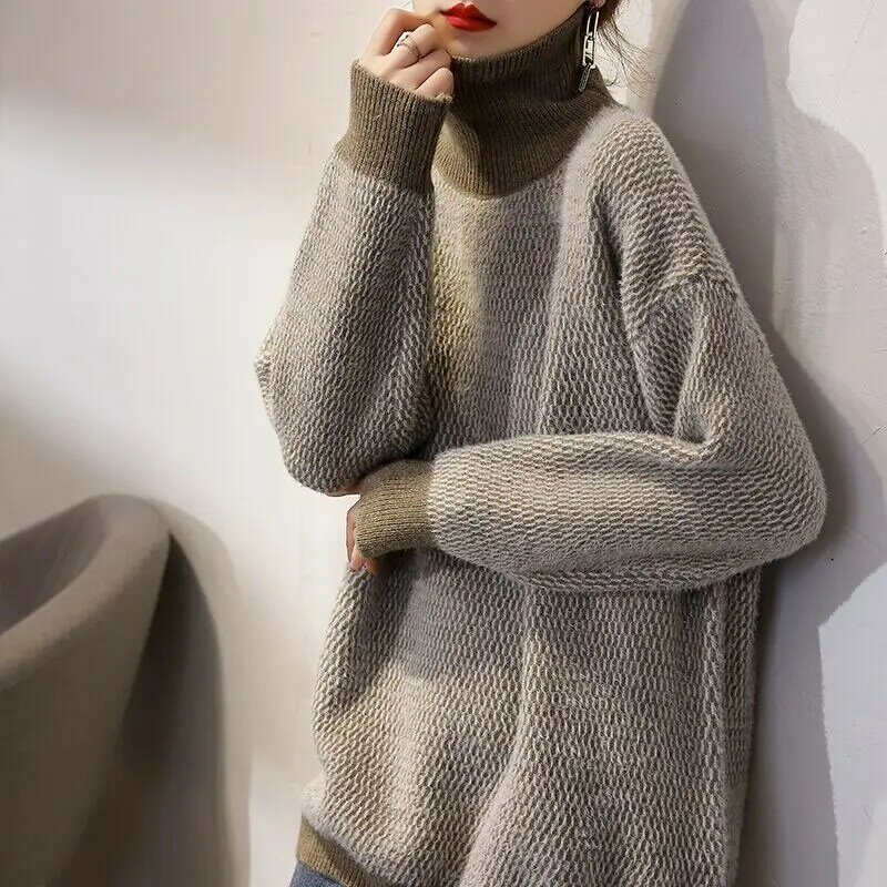 Suéter coreano de malha de gola alta, pulôver para outono e inverno, desgaste exterior solto espesso, preguiçoso e suave, 2023