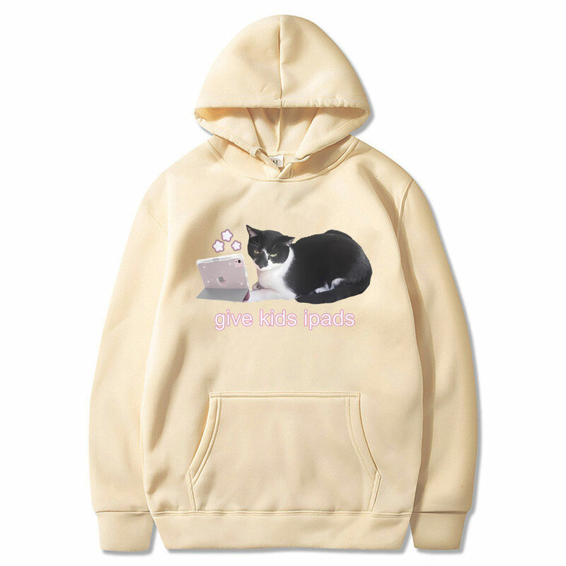 Funny Give Kids IPads Cat Print Hoodie Men Women's Casual Oversized Sweatshirt Unisex Fleece Cotton Clothes Cat Lover Hoodies