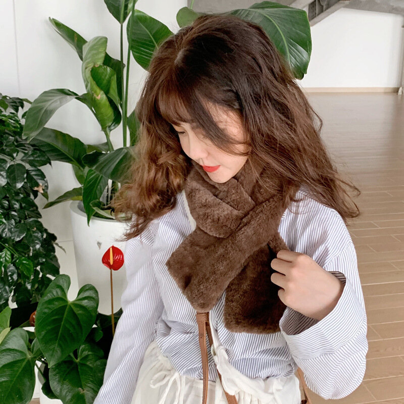 한국 스타일 인조 모피 스카프 여성 학생용 겨울 단색 따뜻한 크로스 플러시 스카프, 가을 귀여운 소녀 부드러운 스카프 새로운 선물