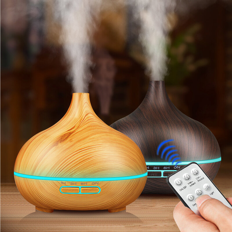 500ml Air Humidifier Aromatherapy Essential Oil Diffuser Wood Grain Ultrasonic Remote Control 7 Color Lights For Home Bedroom