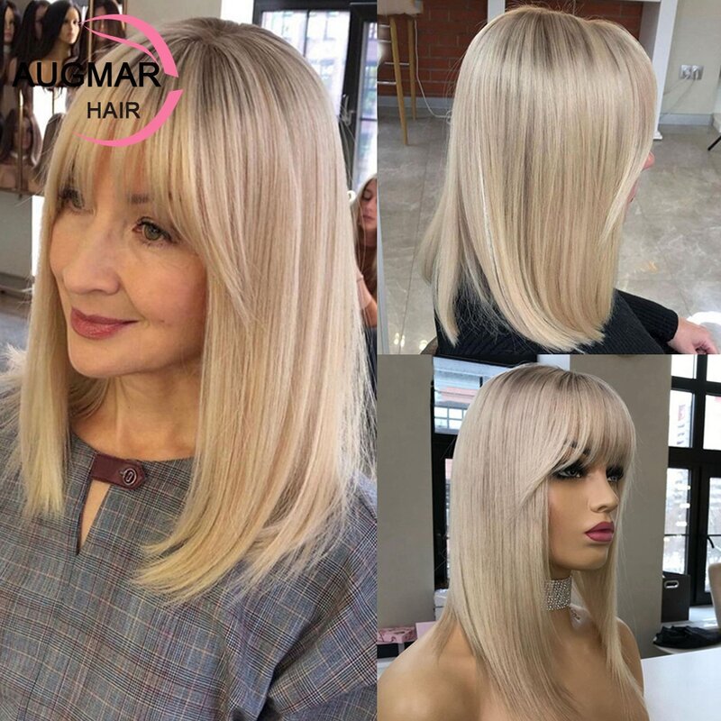 13x4 Warm Blonde Highlight Bob Wig Lace Front Human Hair Wigs With Bangs Pre Plucked Short Straight 13x6 HD Lace Frontal Wig