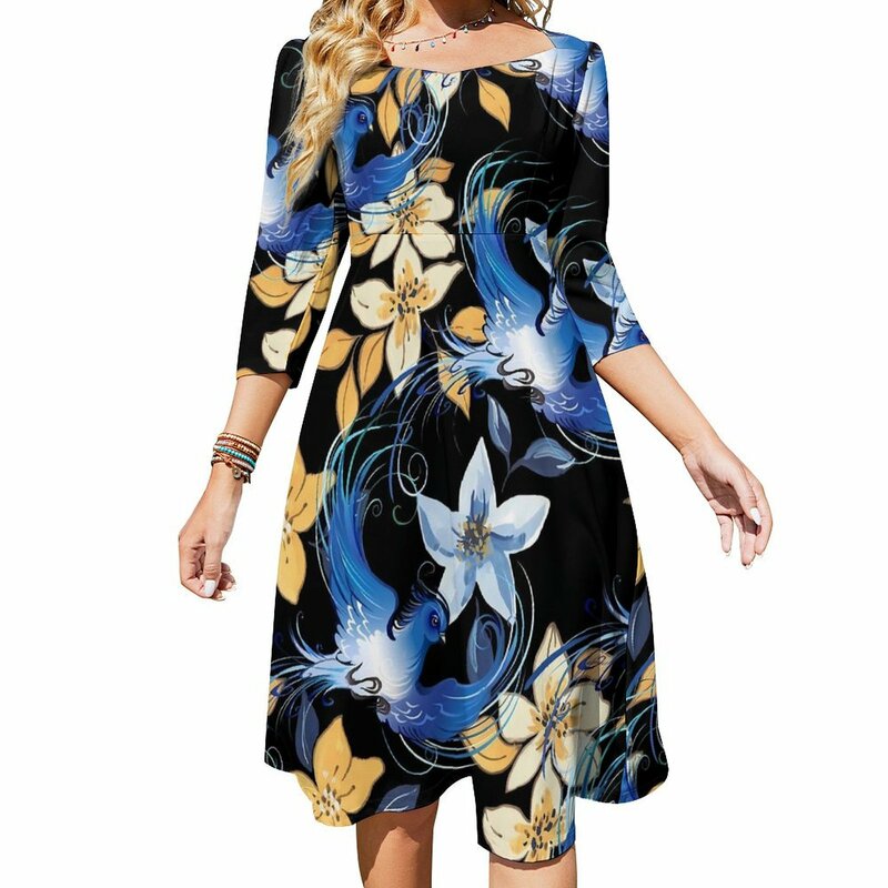 Blue Bird Casual Dress Damen Blumen drucken Street Wear Kleider sexy Retro Kleid Design Vestido große Größe