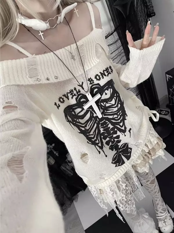 Deeptown Y2K Harajuku Schädel Strick pullover Frauen Grunge Kpop Aushöhlung Pullover Koreanisch Off Shoulder Pullover Top E-Girl Japanisch