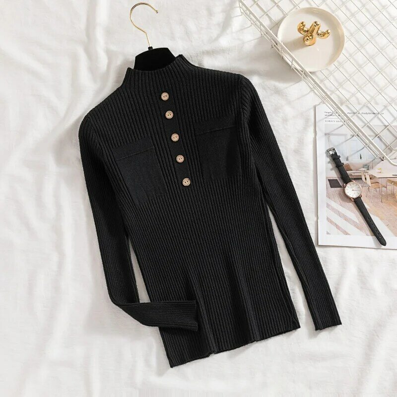 Button Knitted Women Sweaters and Pullovers 2022 Solid Elastic Slim Fashion All Match Buttoming Pulls Female Tops
