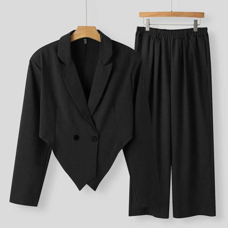 Terno slim fit de duas peças masculino, manga comprida, nova lapela, jaqueta curta irregular, calça reta, sólida, casual, comercial, outono