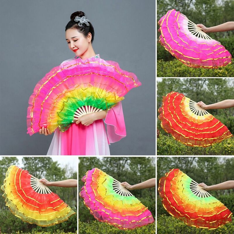 1pcs Multicolors Chinese Short Belly Dancing Fan Half Circle Silk Veil Pairs Yangko Dance Bamboo Fans Hand Dye Adults Hot Sell