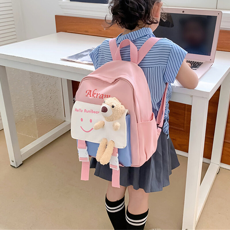 Mochila bordada con nombre personalizado para niños, mochilas de moda para escuela primaria, bonito oso pequeño, guardería