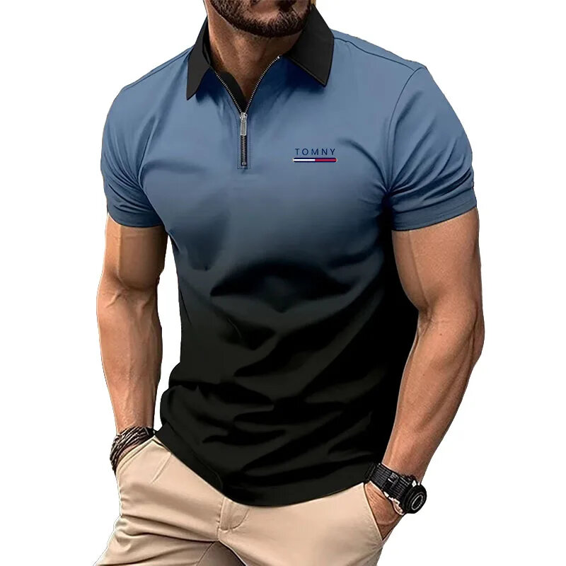 Мужская Летняя Повседневная рубашка-поло с коротким рукавом и градиентом, дышащая модная футболка-поло на молнии с отворотом, топ с принтом, новинка 2024