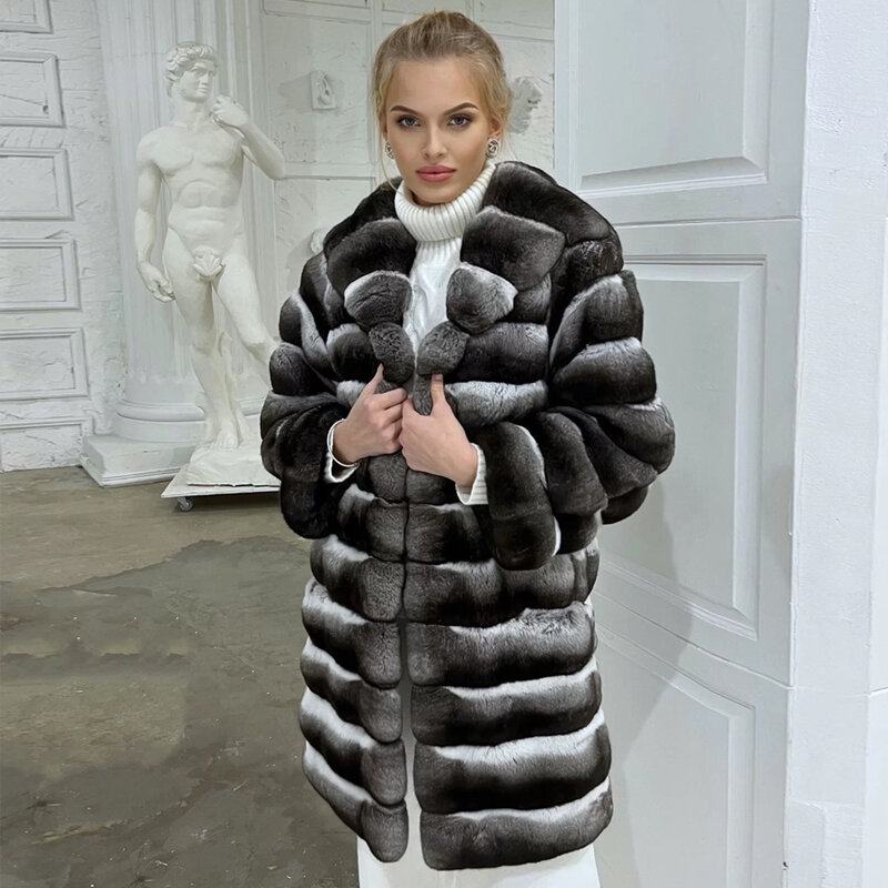 Abrigo de piel de conejo Rex Natural con cuello vuelto para mujer, Chaqueta larga de invierno, abrigo de piel Real de lujo, recién llegado