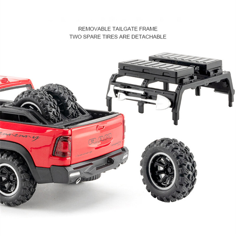 DODGE-Mamute 1000 TRX Alloy Pickup Car Model, Diecast Metal, Veículo Off-Road, Simulação de Som e Luz, Presente Toy Kids, 1:32