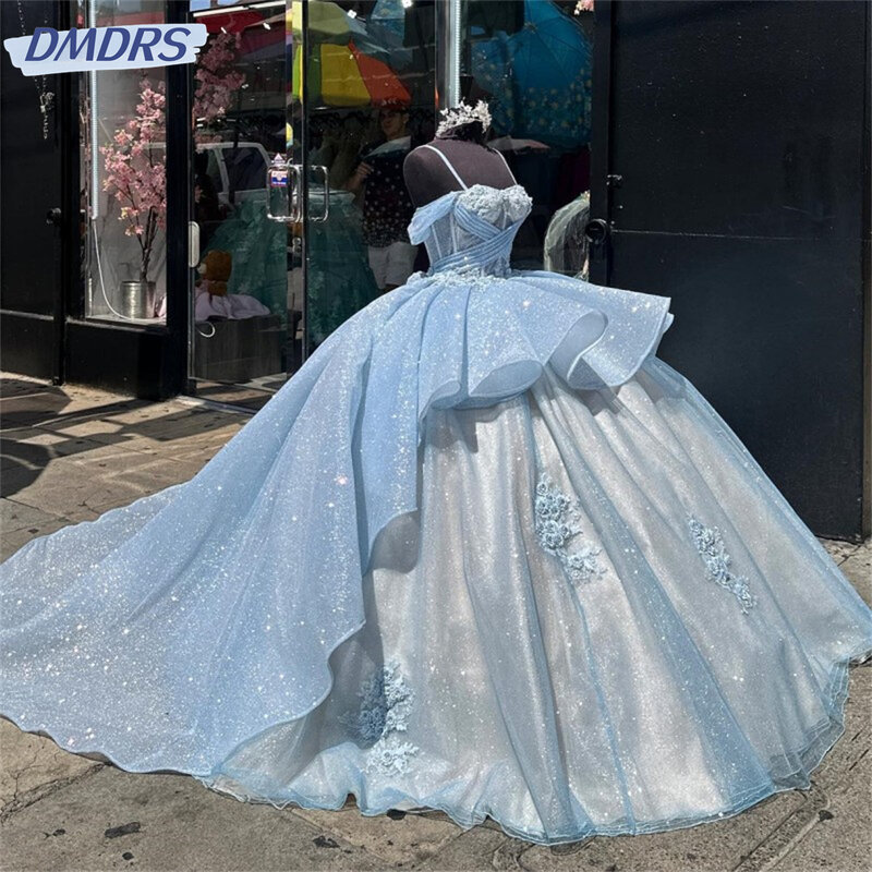 섹시 스파게티 스트랩 성인식 드레스, 로맨틱 아플리케 레이스와 같은 볼 가운, 오프숄더 웨딩 가운, 16 드레스