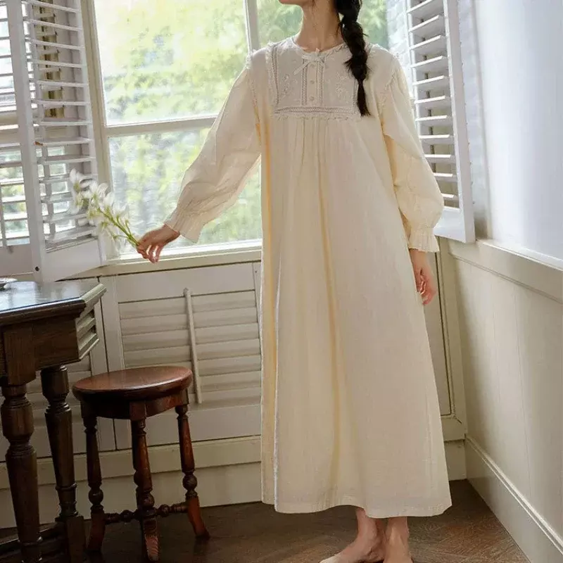 Женская весенне-осенняя пижама с длинным рукавом, винтажная свободная ночная рубашка с вышивкой в викторианском стиле, ночное платье из чистого хлопка