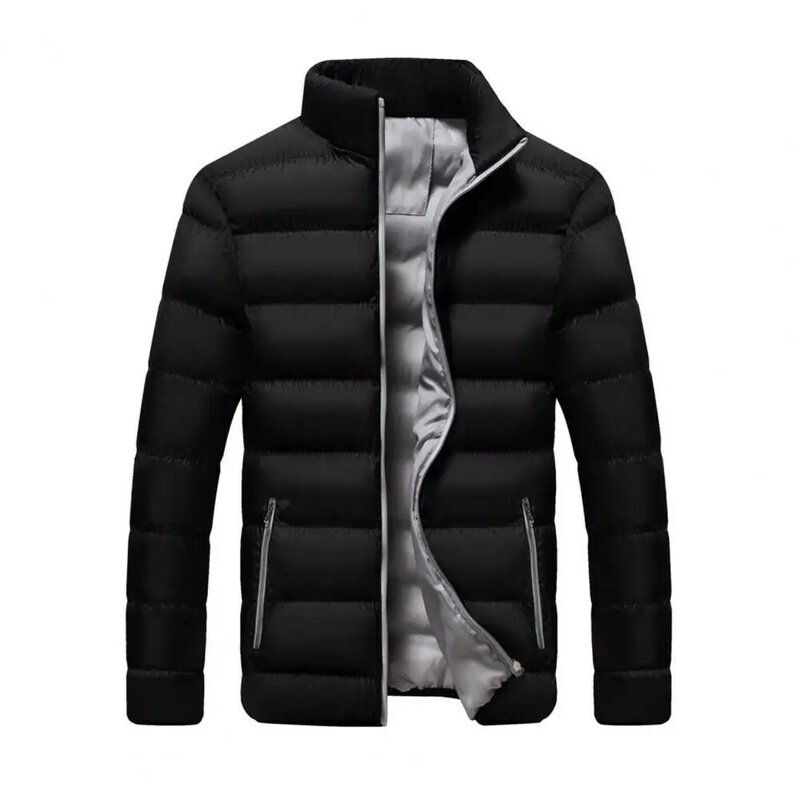Jaqueta de algodão quente masculina com gola e bolso com zíper, outwear solto, cor de contraste, outono, inverno