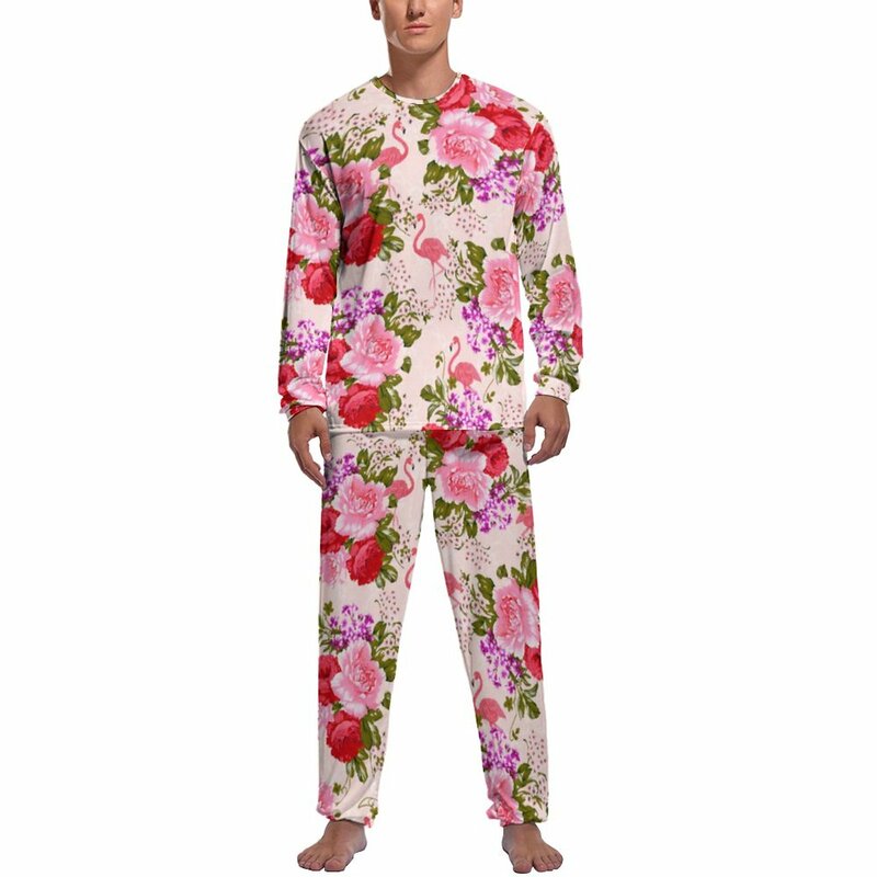 열대 바로크 꽃 무늬 잠옷, 긴 소매 빈티지 핑크 장미 방 잠옷 세트, 봄 남성 프린트 패션 홈 의류 2 피스