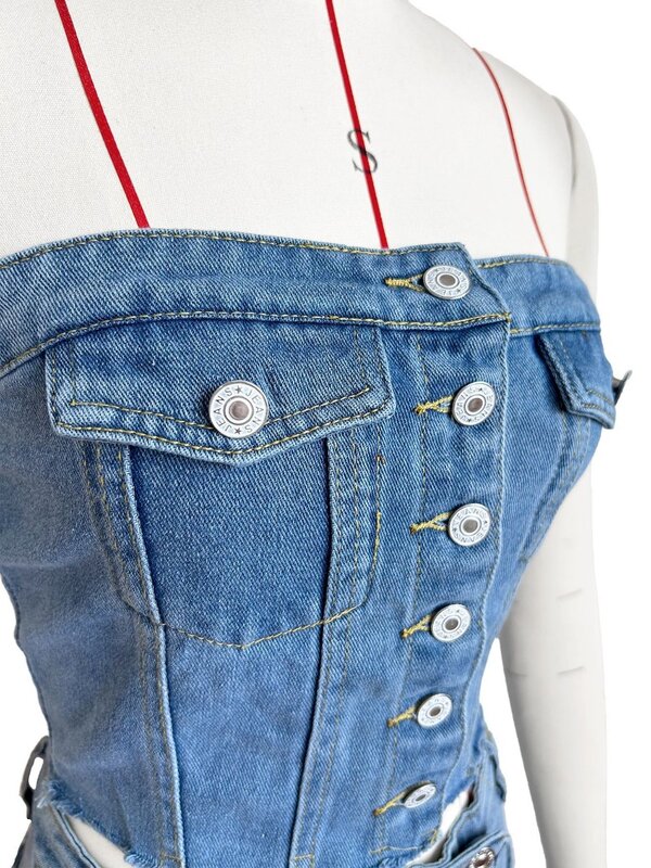 Women Cargo Denim 2 Piece Set Single Breasted Strapless Tank Crop Tops Multi Pockets Shorts Skirts Stretch Jeans Culotte Suits