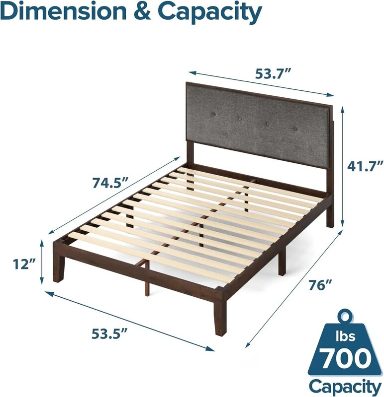 ZINUS Moiz struttura del letto con piattaforma in legno con testiera imbottita regolabile/letto in legno massello/supporto per strisce di legno/facile montaggio
