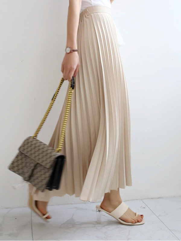 DEEPTOWN-Falda plisada larga para mujer, Falda Midi elegante de lujo, línea A, cintura elástica lisa, Vintage, primavera y otoño