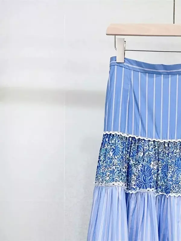 Women Blue Midi Skirt Floral Printed Striped Spliced High Waist A-Line Elegant Summer 2024 Jupe