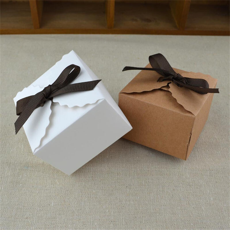 10/20/30 Buah Gelombang Kotak Kertas Kraft dengan Pita dan Tag untuk Pernikahan Bayi Mandi Kotak Permen Hadiah Perlengkapan Pesta Ulang Tahun
