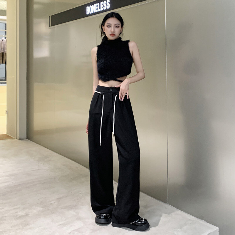 Completo nero pantaloni a gamba larga donna nuovo Design con coulisse a vita alta pantaloni larghi dritti su misura donna 2022 per tutte le stagioni