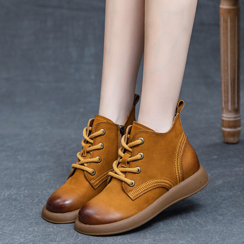 New Women's Genuine Leather Short Boots Retro Flat Bottom Soft Bottom Cowhide Bare Boots