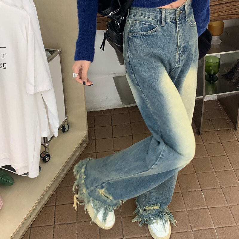 Pantalones vaqueros holgados de hada Grunge para mujer, ropa de calle Vintage, pantalones rasgados, cintura alta recta, Harajuku, Y2K Emo